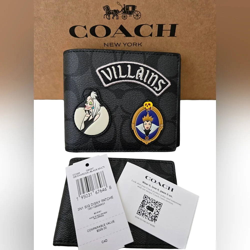 😈 Disney X Coach 3 In 1 Wallet In Signature Canvas With Patches & Gift Box